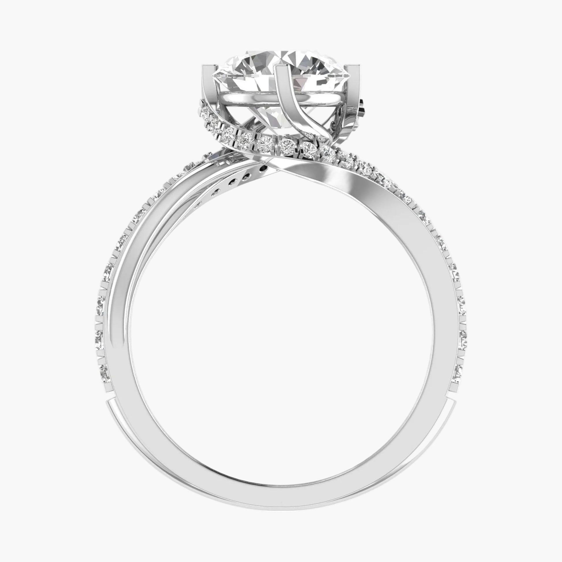 Diamond ring with a large central gemstone and smaller stones on a white background