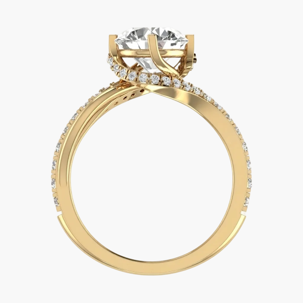 Gold ring with a large diamond and smaller diamonds on the band against a white background