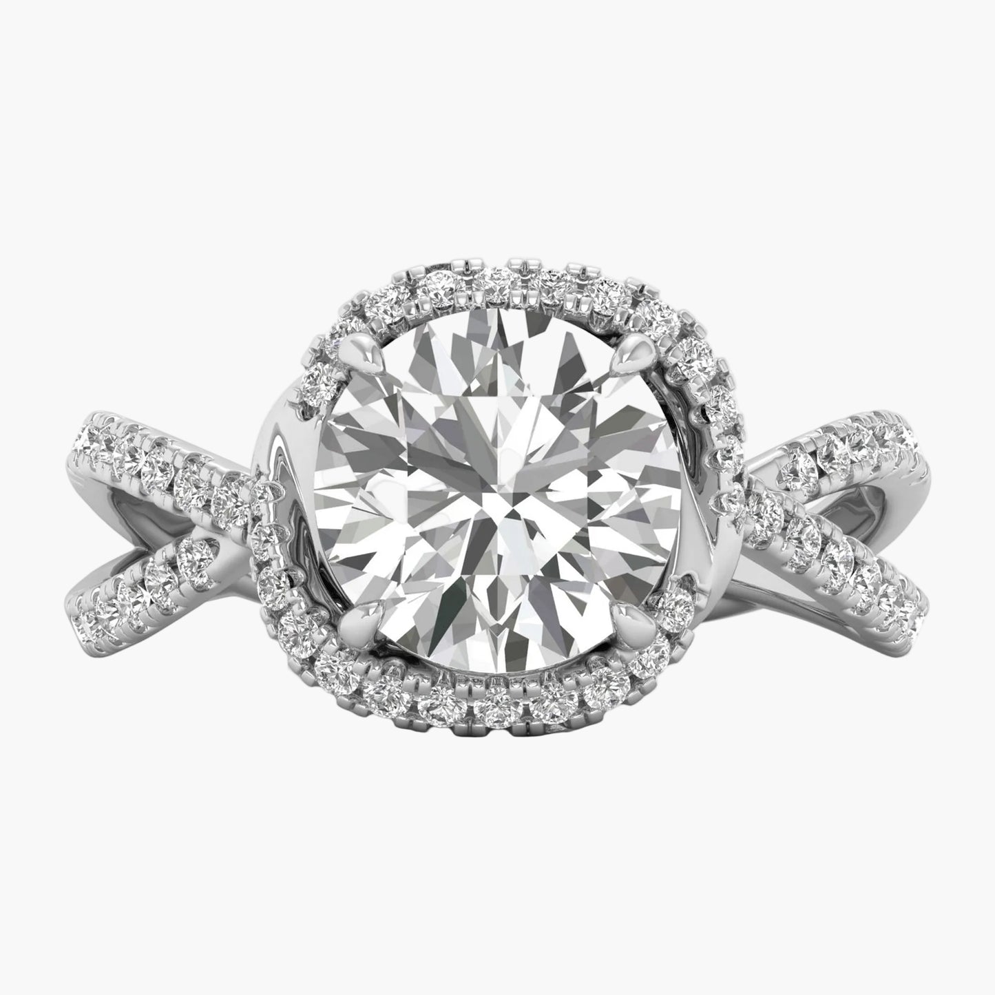 Diamond ring with a large central gemstone and smaller stones on a white background