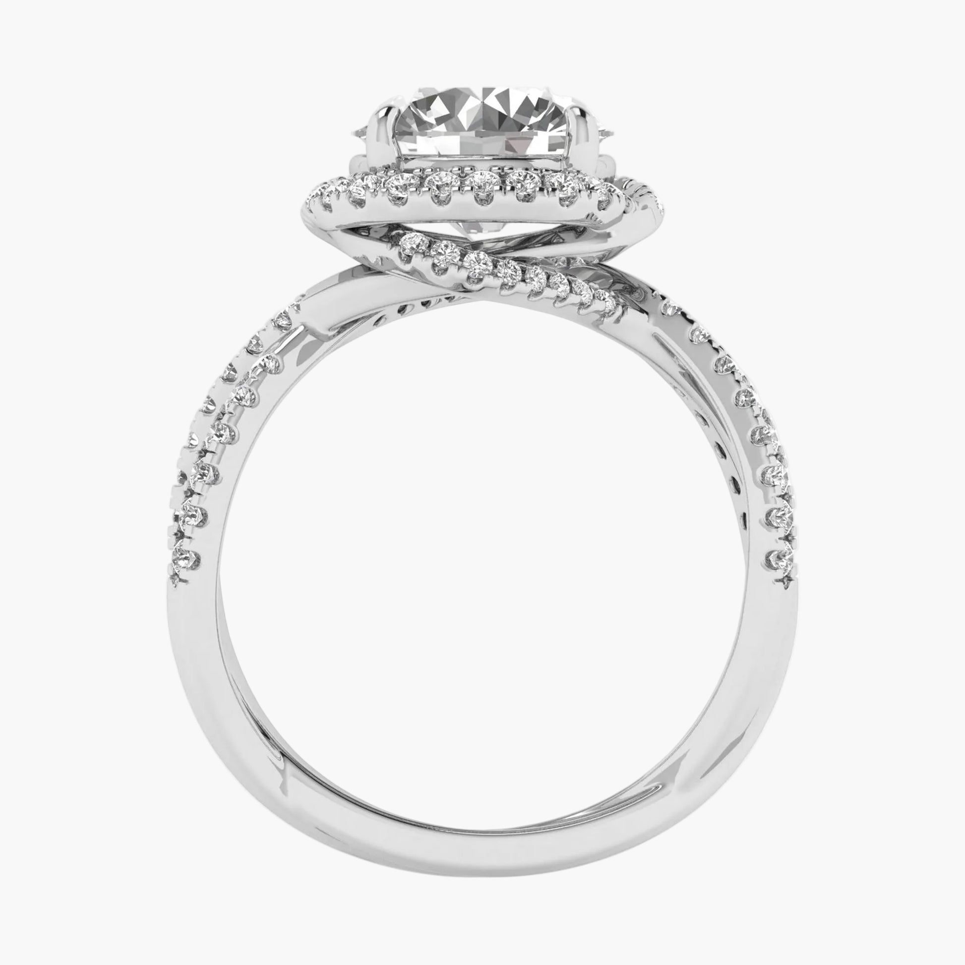 Diamond ring with a halo and pavé setting on a white background