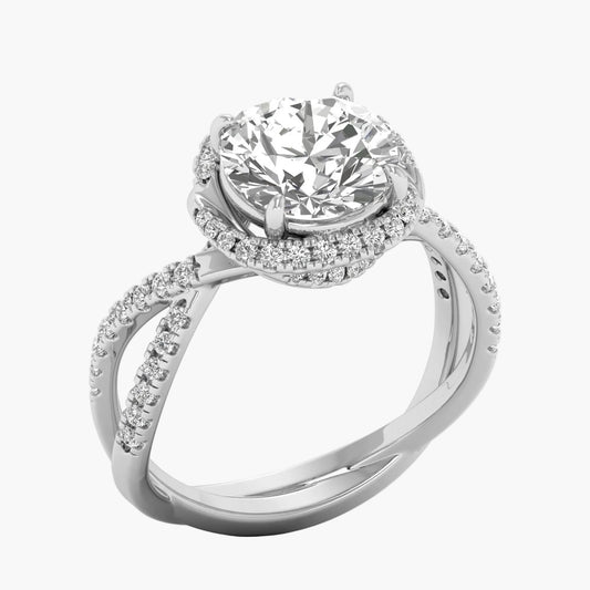 Silver ring with a large diamond and smaller diamonds on the band against a white background