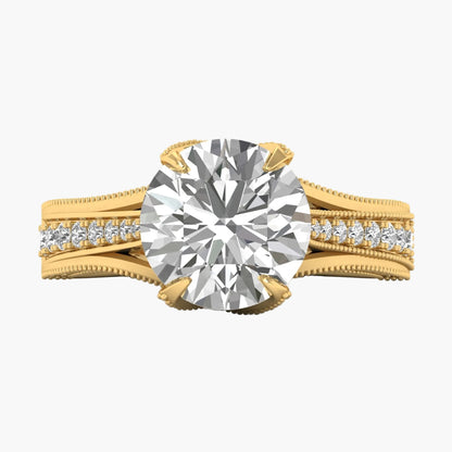 Gold ring with a large diamond and smaller diamonds on the band against a white background
