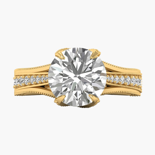 Gold ring with a large diamond and smaller diamonds on the band against a white background