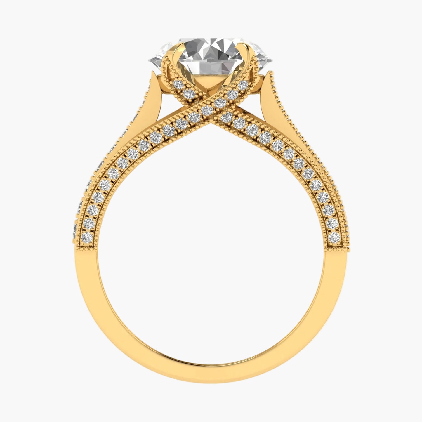 Gold ring with a large central gemstone and smaller diamonds on a white background