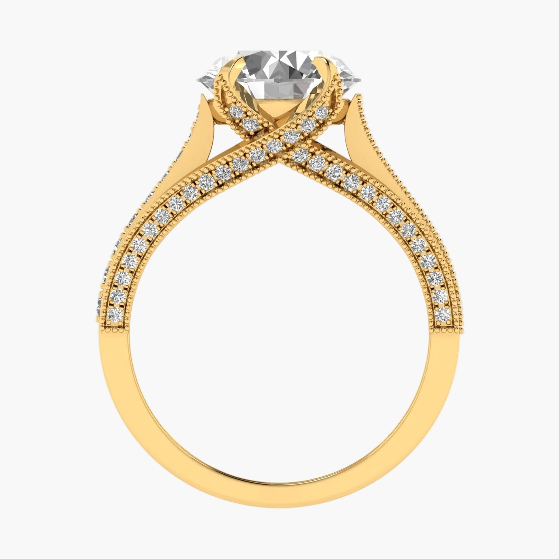 Gold ring with a large central gemstone and smaller diamonds on a white background