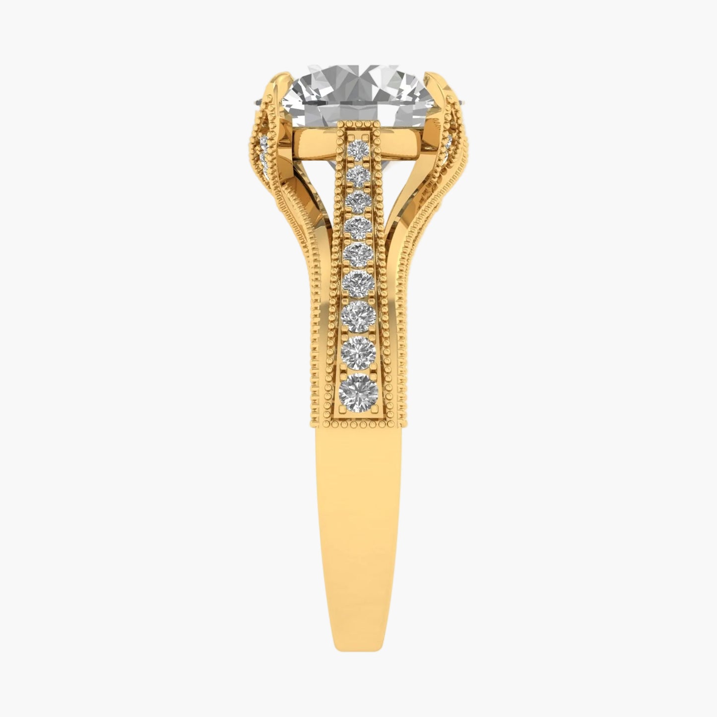 Gold ring with a large central gemstone and smaller stones on a white background