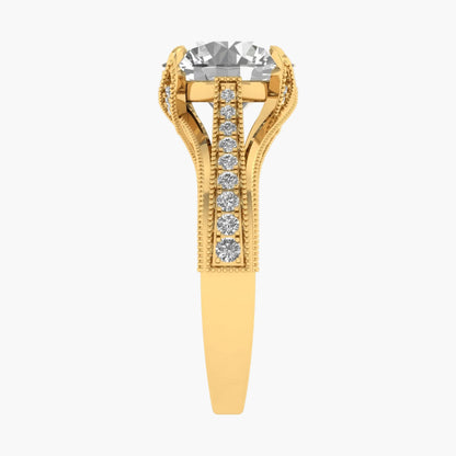 Gold ring with a large central gemstone and smaller stones on a white background