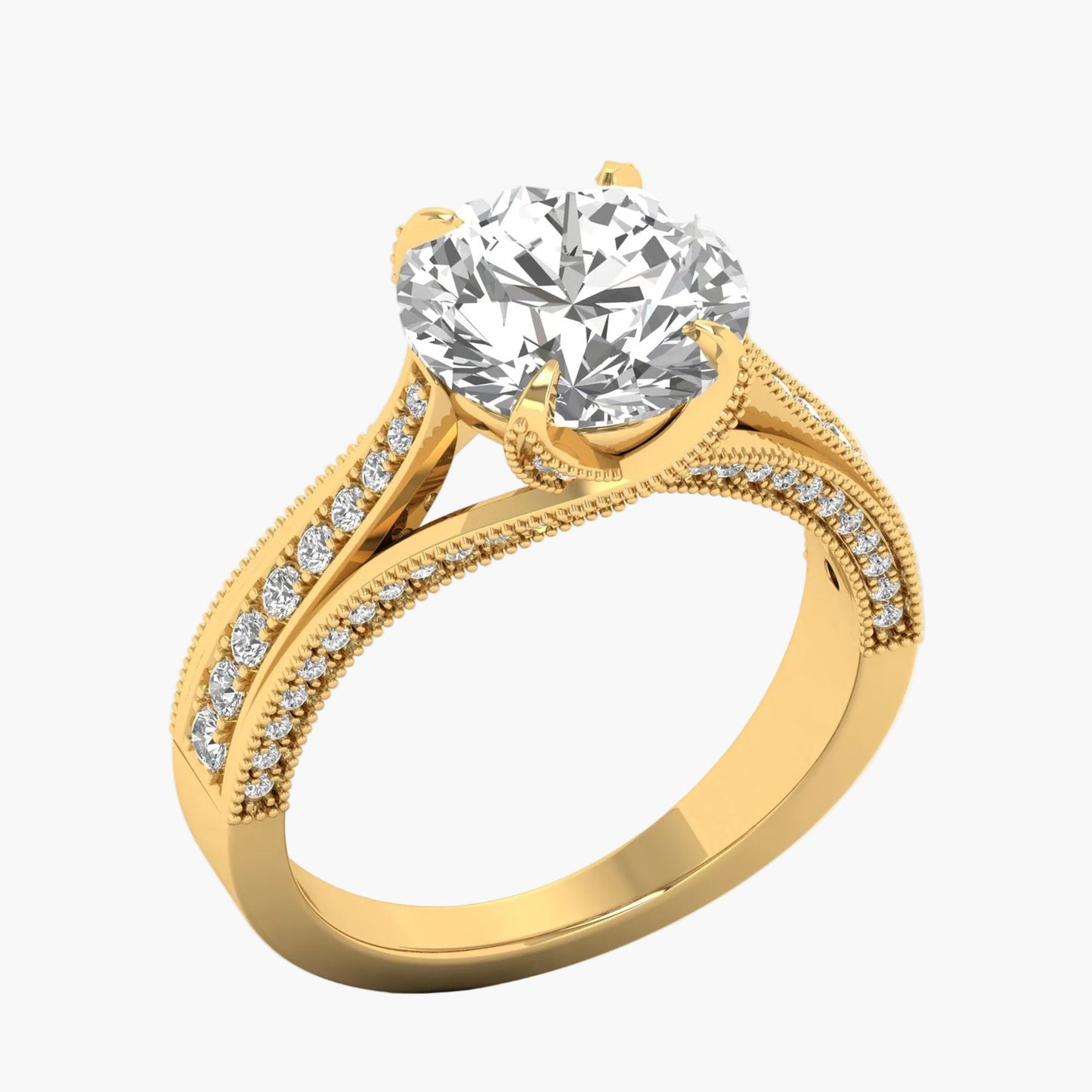 Gold ring with a large diamond and smaller diamonds on the band against a white background