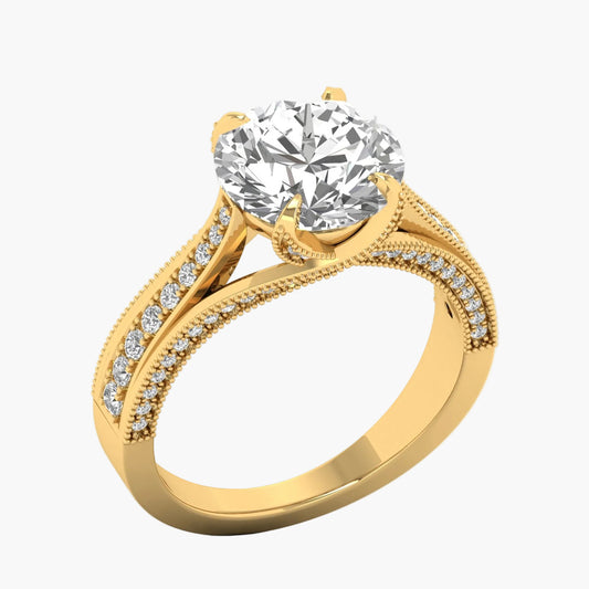 Gold ring with a large diamond and smaller diamonds on the band against a white background