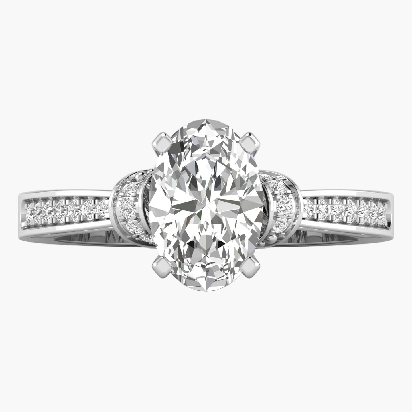 Diamond ring with a large central gemstone and smaller stones on the band against a white background