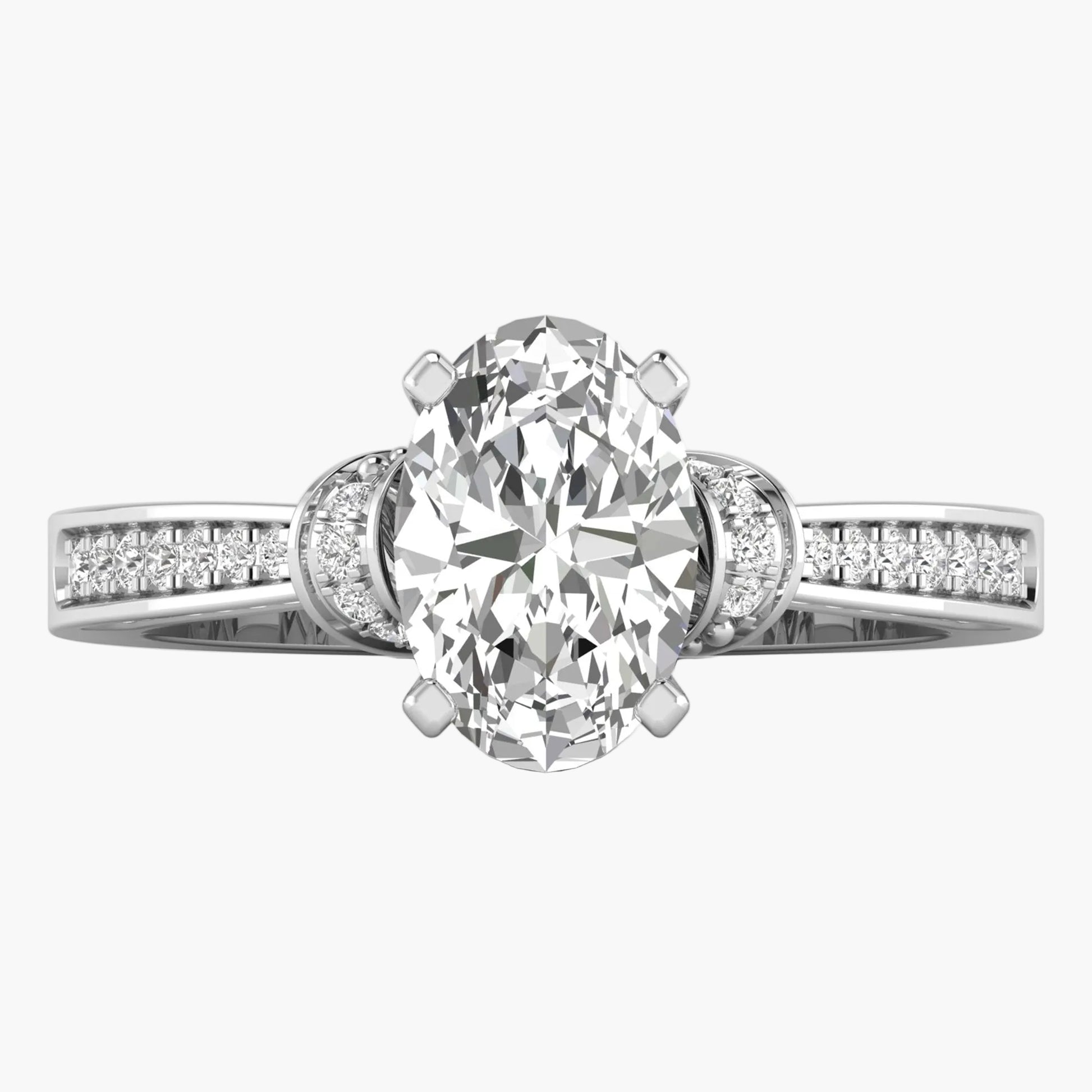 Diamond ring with a large central gemstone and smaller stones on the band against a white background