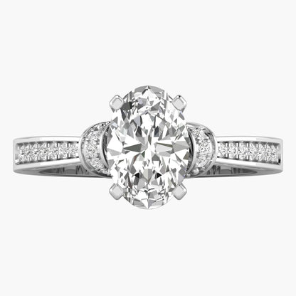 Diamond ring with a large central gemstone and smaller stones on the band against a white background