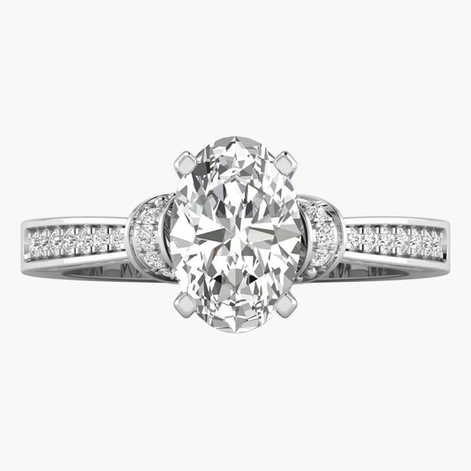 Diamond ring with a large central gemstone and smaller stones on the band against a white background