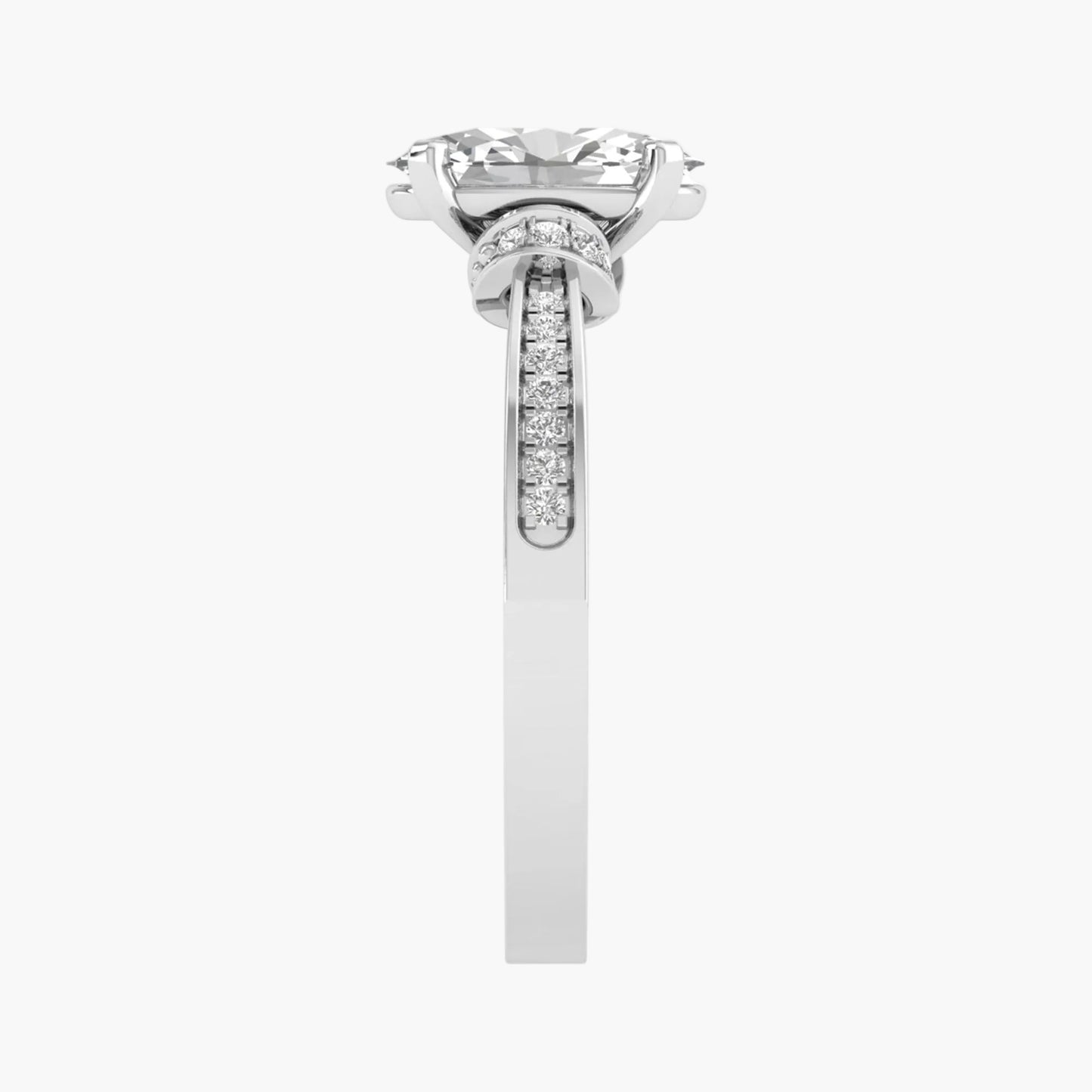 Diamond ring with a white gold band on a white background