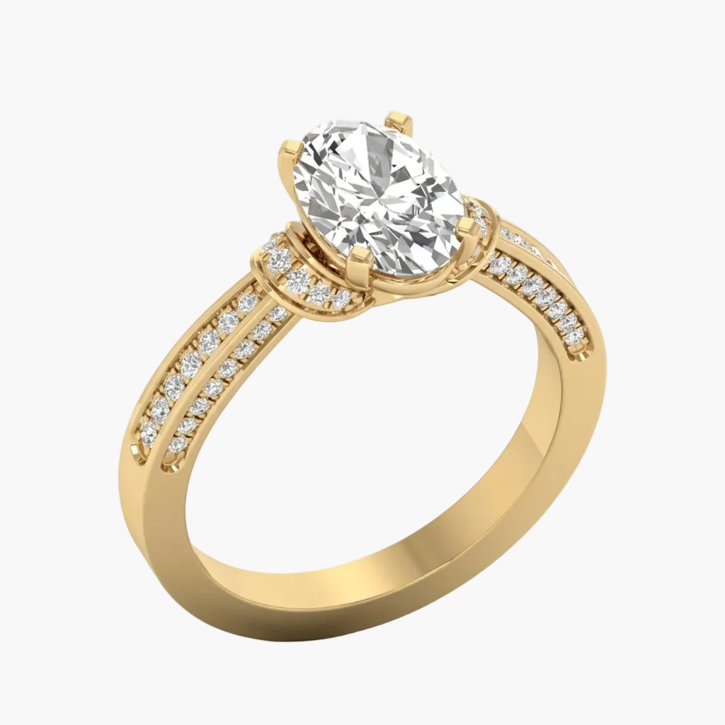 Gold ring with a large diamond and smaller diamonds on the band against a white background