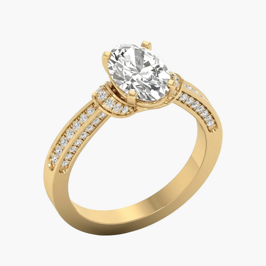 Gold ring with a large diamond and smaller diamonds on the band against a white background