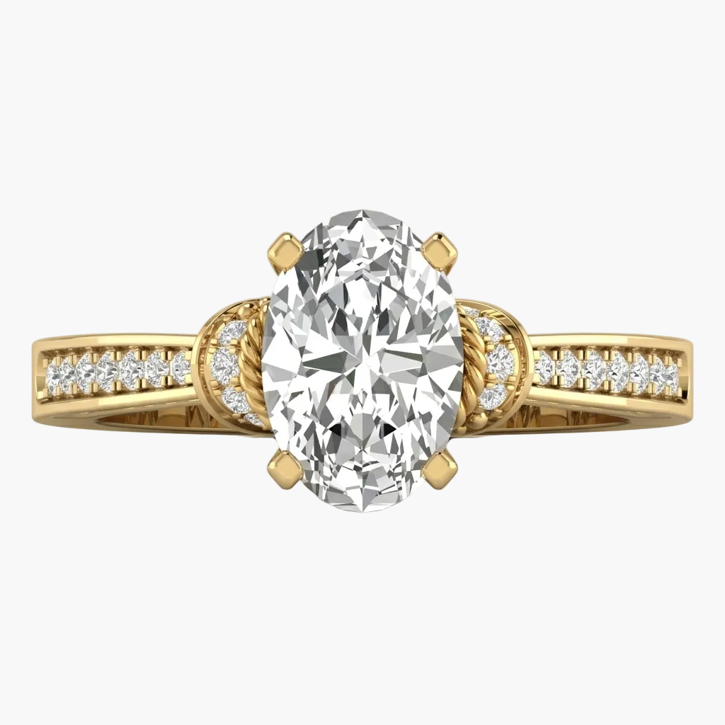 Gold ring with a large diamond and smaller diamonds on the band against a white background