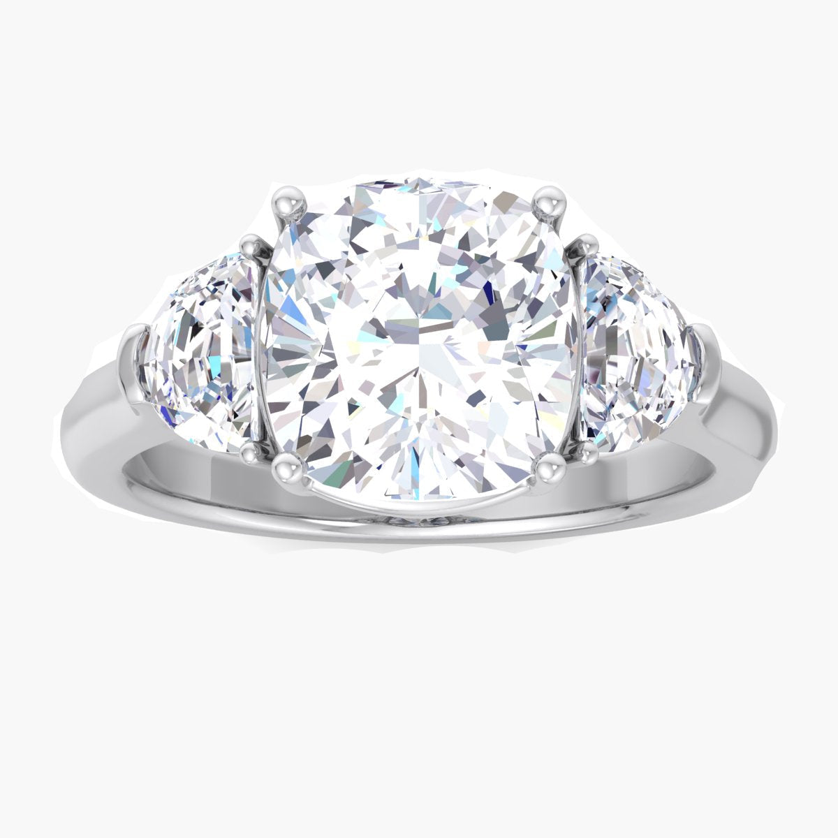 Silver ring with two large clear gemstones on a white background