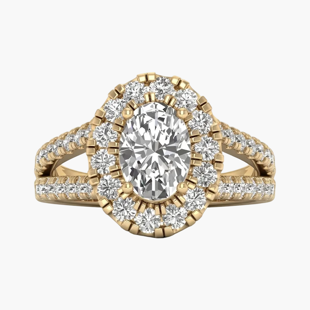 Gold ring with a large central diamond and smaller diamonds around on a white background