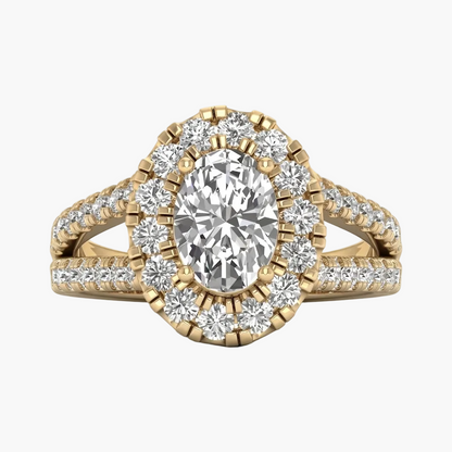 Gold ring with a large central diamond and smaller diamonds around on a white background