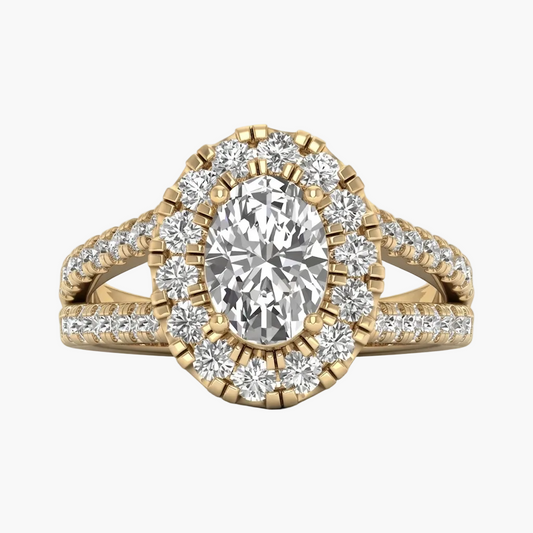 Gold ring with a large central diamond and smaller diamonds around on a white background