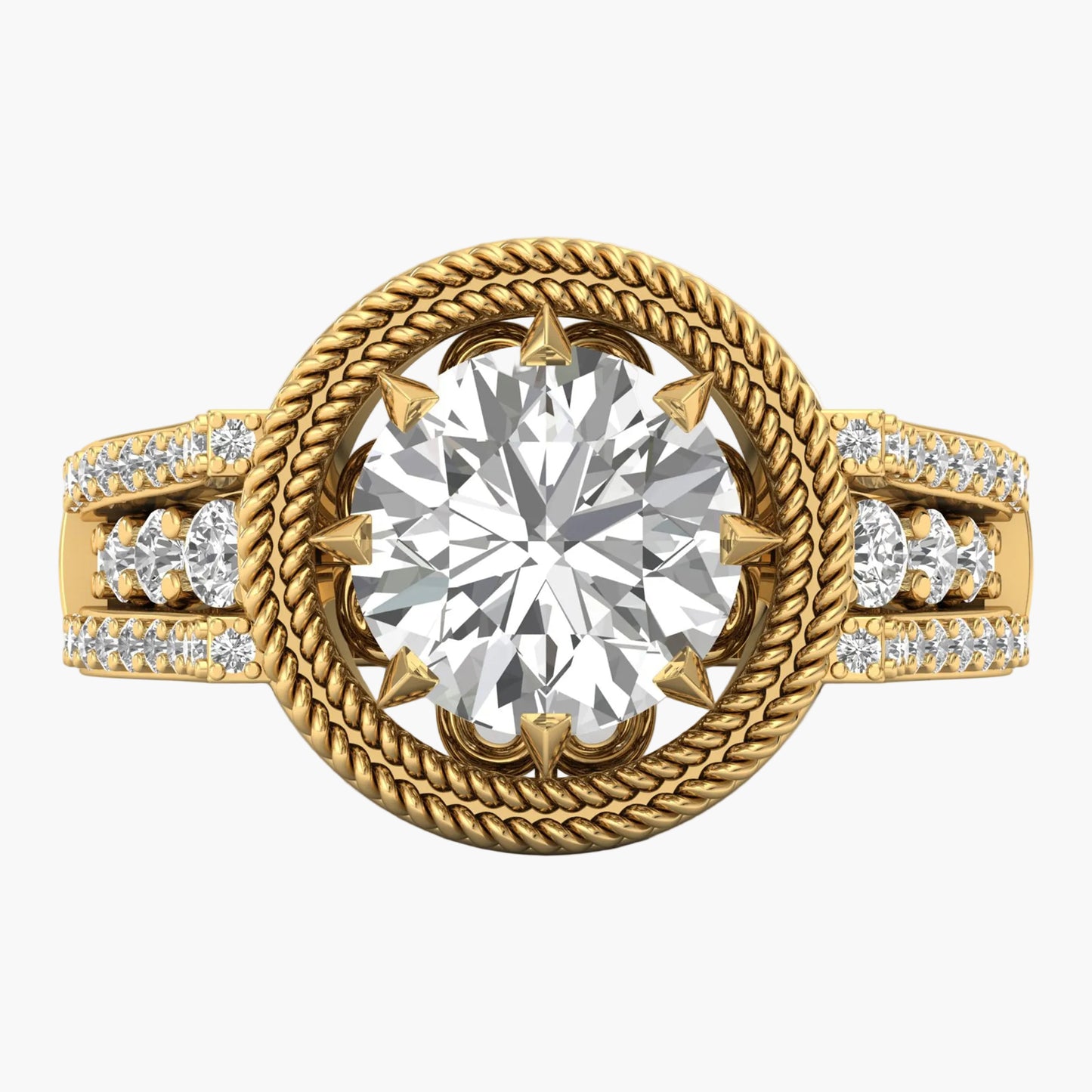 Gold ring with a large diamond and smaller diamonds on a white background