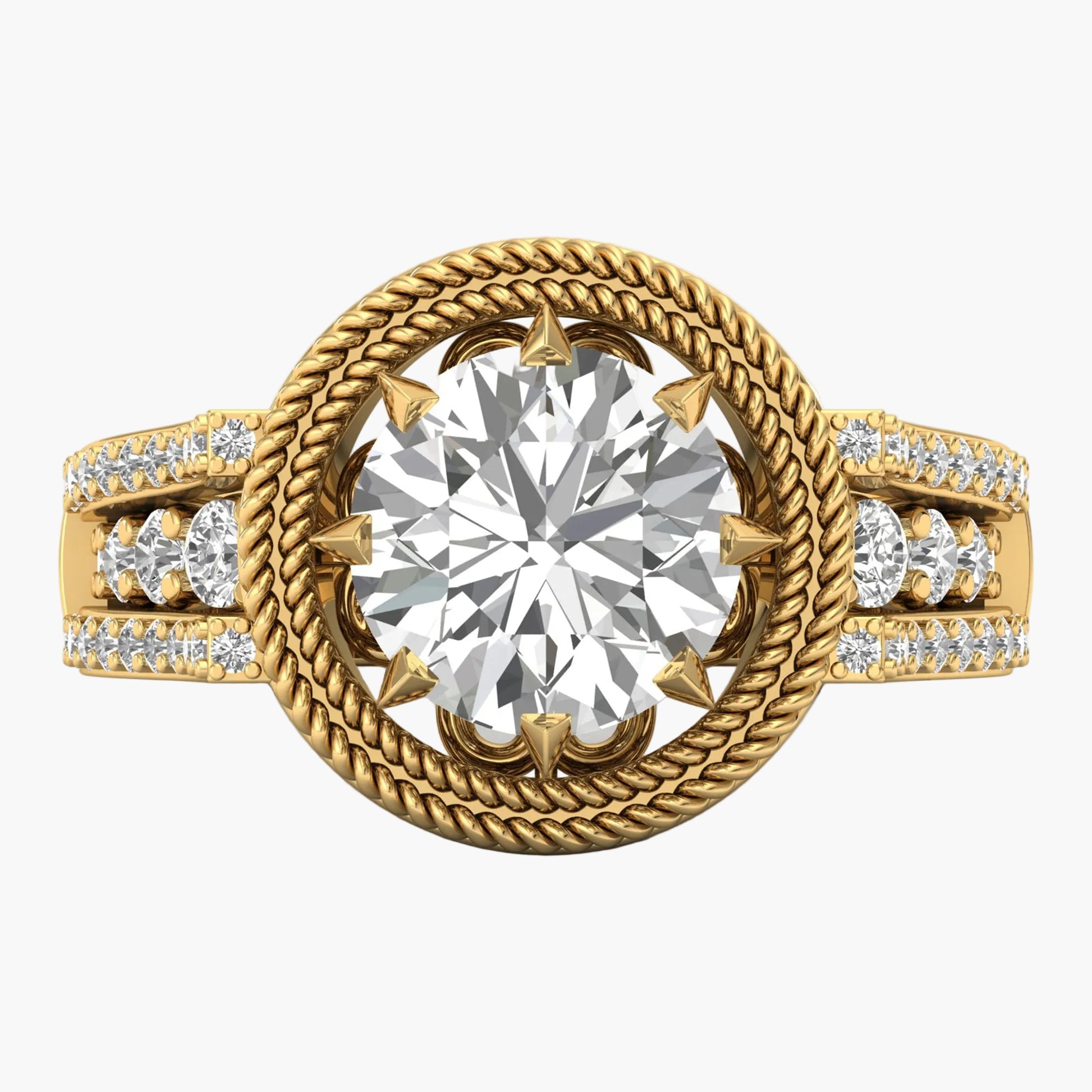 Gold ring with a large diamond and smaller diamonds on a white background