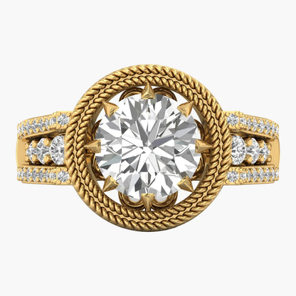 Gold ring with a large diamond and smaller diamonds on a white background