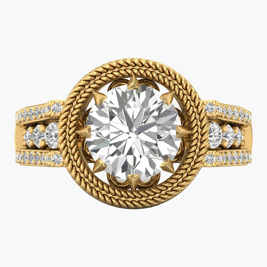 Gold ring with a large diamond and smaller diamonds on a white background