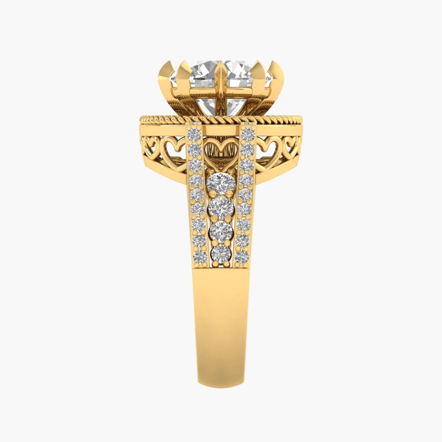 Gold ring with diamond accents on a white background