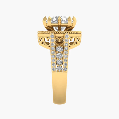 Gold ring with diamond accents on a white background