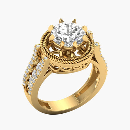 Gold ring with a large diamond and smaller diamonds on a white background