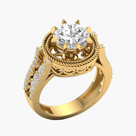 Gold ring with a large diamond and smaller diamonds on a white background