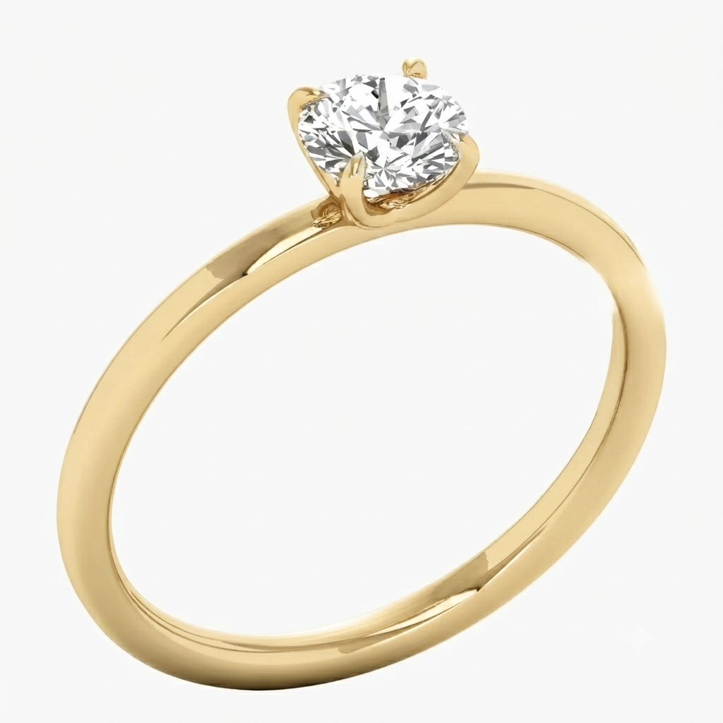 A yellow gold solitaire engagement ring with a round brilliant-cut diamond set in a four-prong setting, shown on a light gray background.