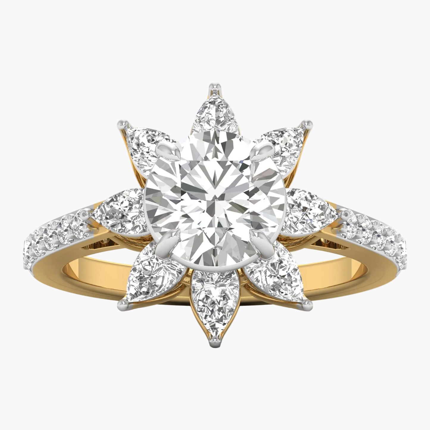 Gold ring with a large diamond and smaller diamonds on a white background