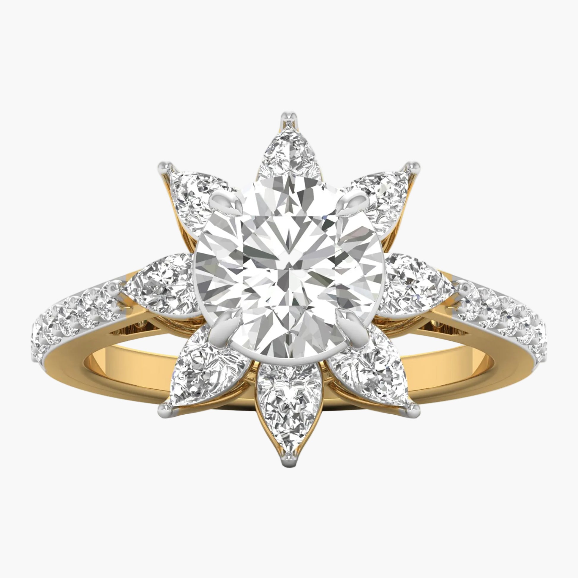 Gold ring with a large diamond and smaller diamonds on a white background