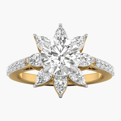 Gold ring with a large diamond and smaller diamonds on a white background