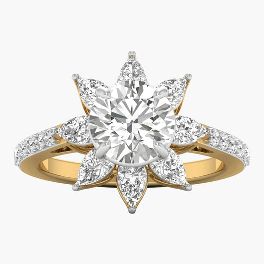 Gold ring with a large diamond and smaller diamonds on a white background