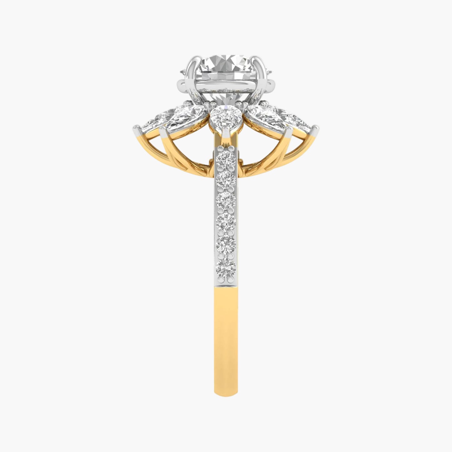 Two-tone gold and silver ring with a diamond on a white background