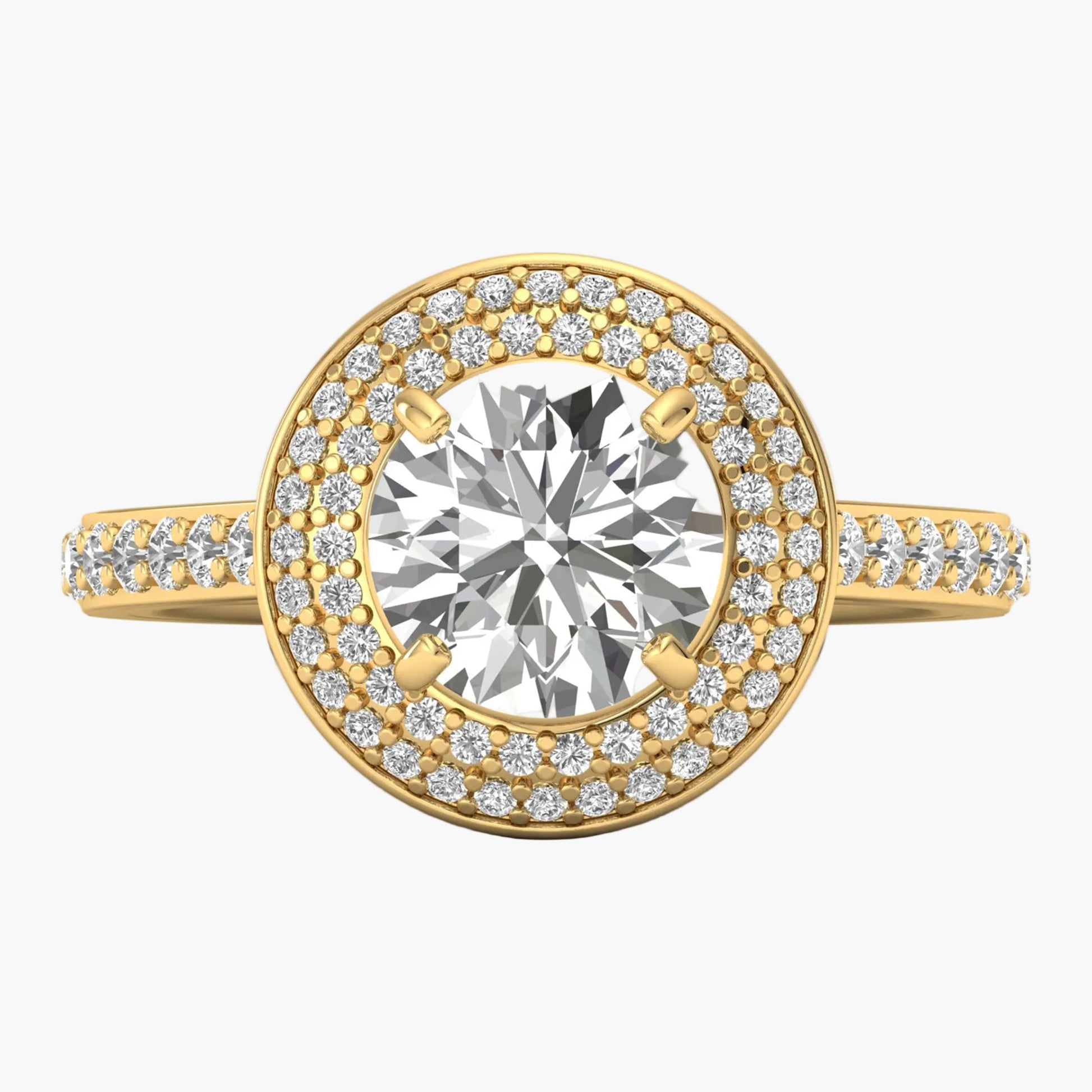 Gold ring with a large diamond and smaller diamonds on the band against a white background