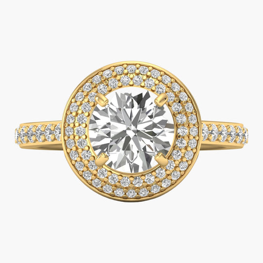 Gold ring with a large diamond and smaller diamonds on the band against a white background