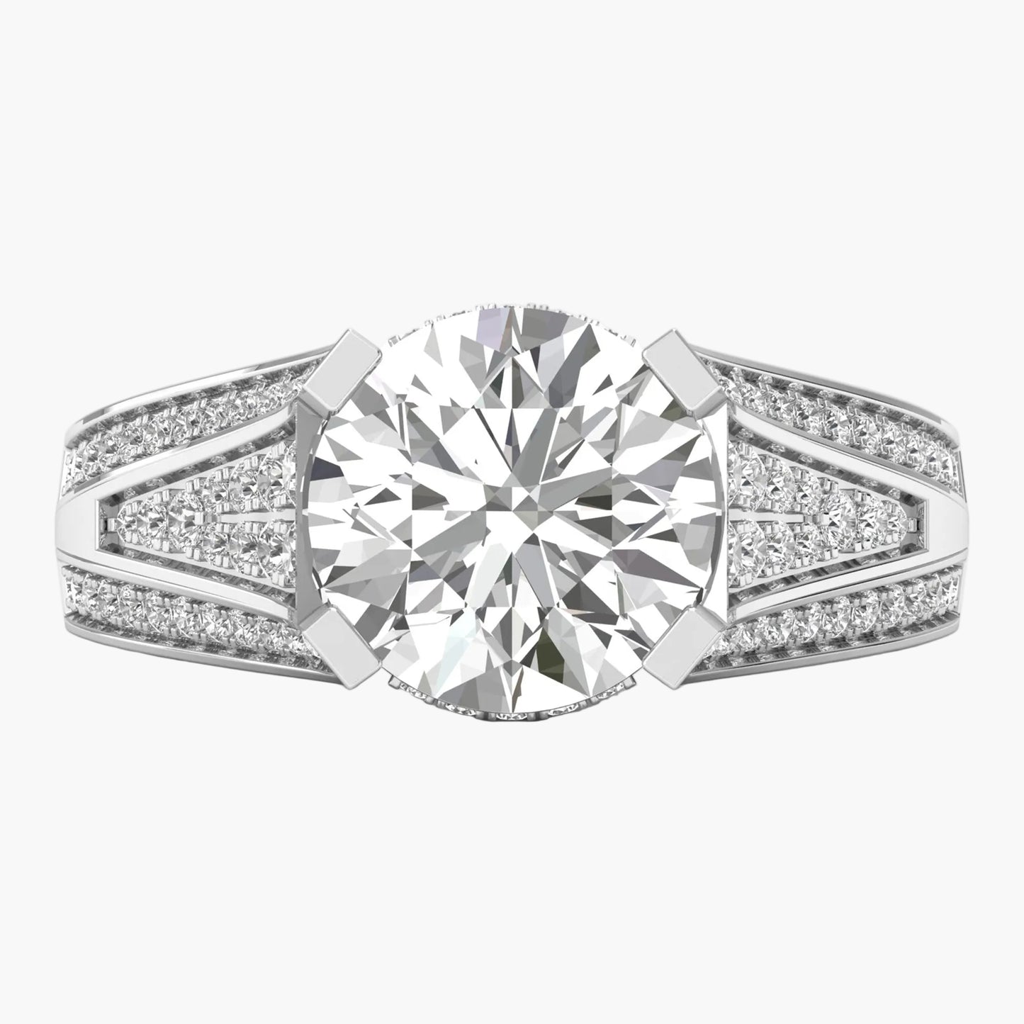 Diamond ring with a large central gemstone and smaller diamonds on a white background