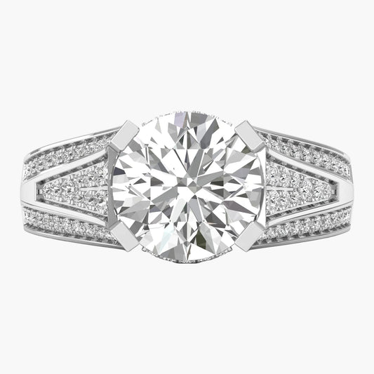 Diamond ring with a large central gemstone and smaller diamonds on a white background