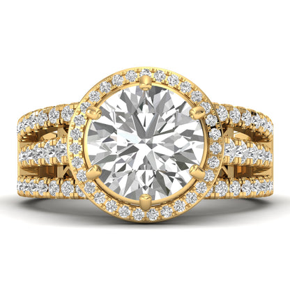 Gold diamond ring with a large central gemstone and smaller diamonds on a white background