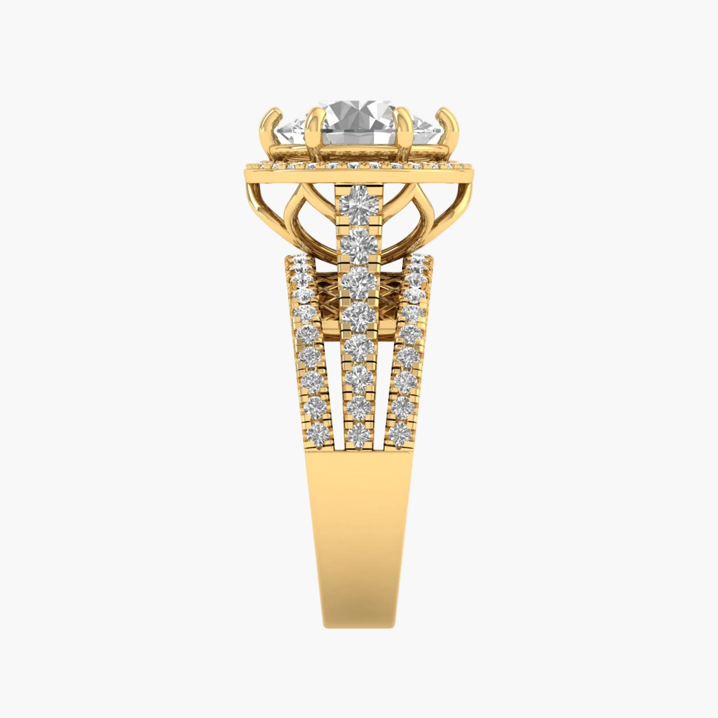 Gold ring with diamond accents on a white background