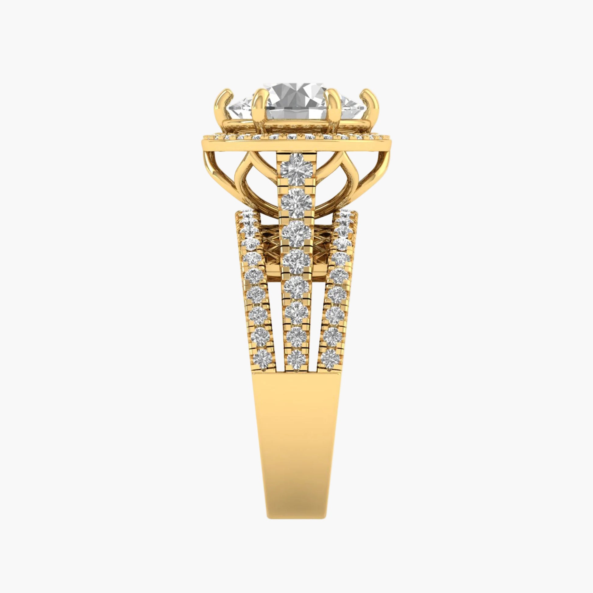 Gold ring with diamond accents on a white background