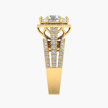 Gold ring with diamond accents on a white background