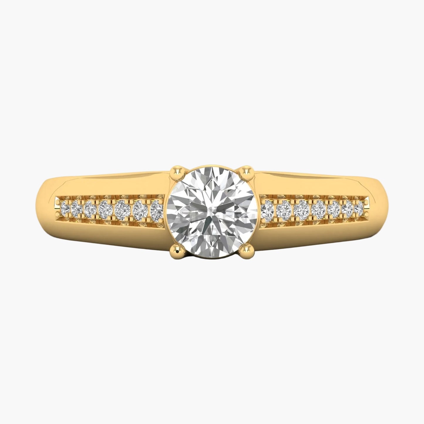 Gold ring with a large diamond and smaller diamonds on the band against a white background