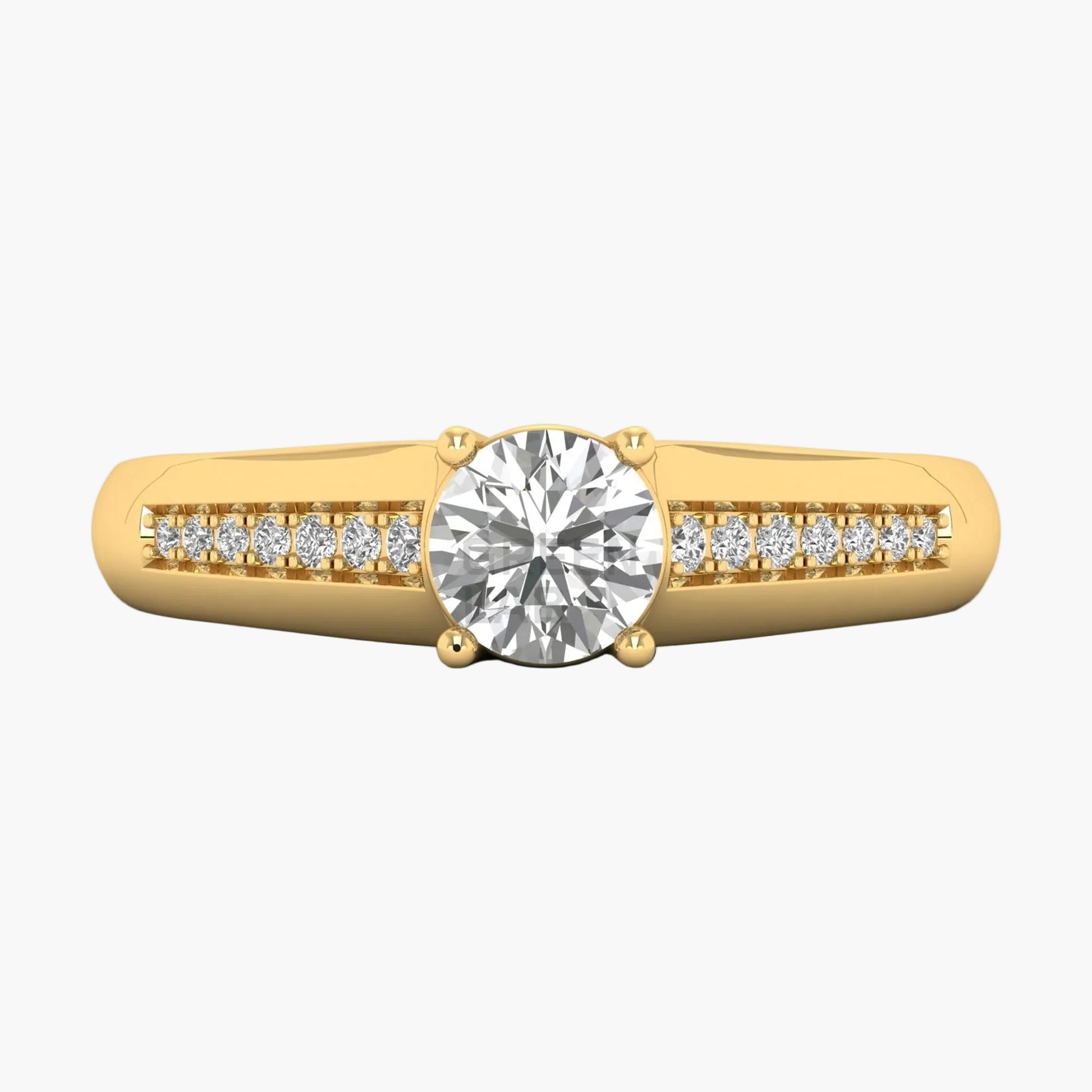 Gold ring with a large diamond and smaller diamonds on the band against a white background