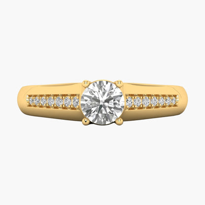 Gold ring with a large diamond and smaller diamonds on the band against a white background